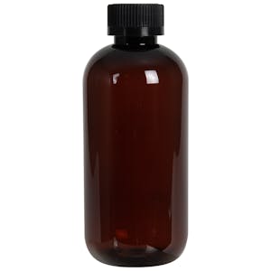 8 oz. Light Amber PET Traditional Boston Round Bottle with 24/400 Black Ribbed CRC Cap with F217 Liner
