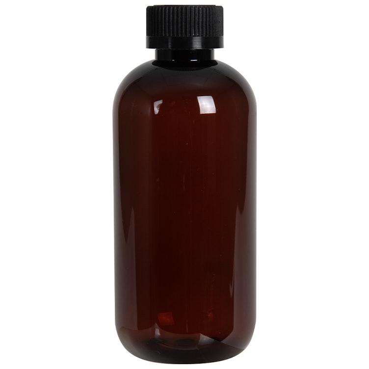 8 oz. Light Amber PET Traditional Boston Round Bottle with 24/400 Black Ribbed CRC Cap with F217 Liner