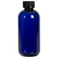 8 oz. Cobalt Blue PET Traditional Boston Round Bottle with 24/400 Black Ribbed CRC Cap with F217 Liner