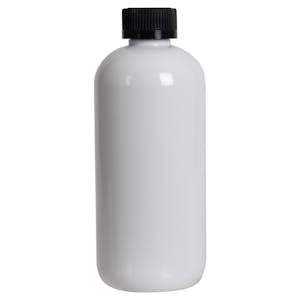 12 oz. White PET Traditional Boston Round Bottle with 24/400 Black Ribbed CRC Cap with F217 Liner