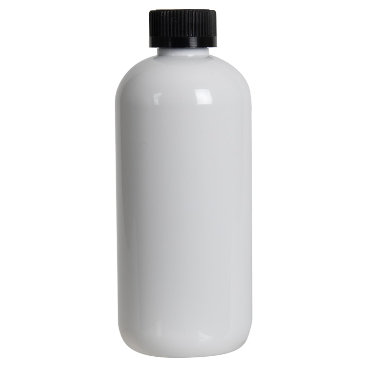 12 oz. White PET Traditional Boston Round Bottle with 24/400 Black Ribbed CRC Cap with F217 Liner