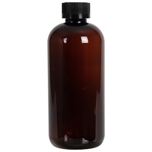 12 oz. Light Amber PET Traditional Boston Round Bottle with 24/400 Black Ribbed CRC Cap with F217 Liner