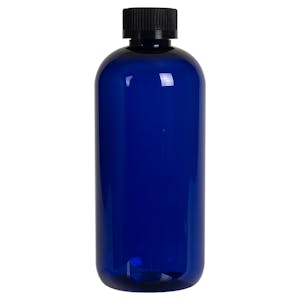 12 oz. Cobalt Blue PET Traditional Boston Round Bottle with 24/400 Black Ribbed CRC Cap with F217 Liner