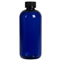 12 oz. Cobalt Blue PET Traditional Boston Round Bottle with 24/400 Black Ribbed CRC Cap with F217 Liner