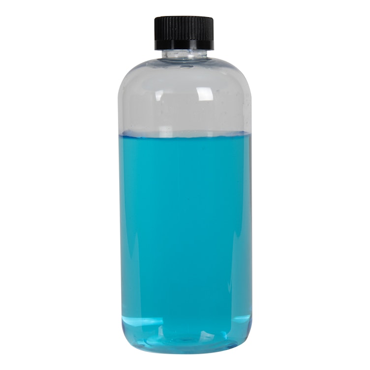 16 oz. Clear PET Traditional Boston Round Bottle with 24/400 Black Ribbed CRC Cap with F217 Liner