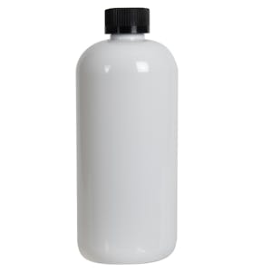 16 oz. White PET Traditional Boston Round Bottle with 24/400 Black Ribbed CRC Cap with F217 Liner