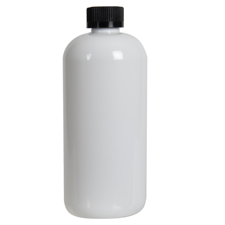 16 oz. White PET Traditional Boston Round Bottle with 24/400 Black Ribbed CRC Cap with F217 Liner