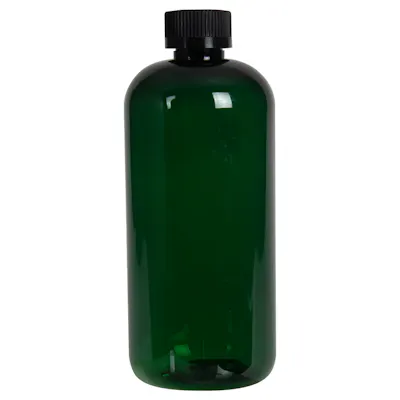 16 oz. Dark Green PET Traditional Boston Round Bottle with 24/400 Black Ribbed CRC Cap with F217 Liner