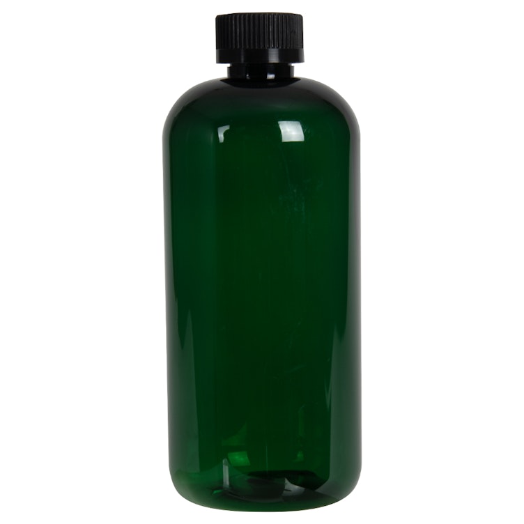 16 oz. Dark Green PET Traditional Boston Round Bottle with 24/400 Black Ribbed CRC Cap with F217 Liner