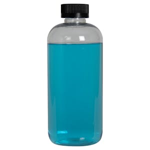 16 oz. Clear PET Traditional Boston Round Bottle with 28/400 Black Ribbed CRC Cap with F217 Liner