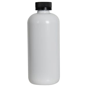 16 oz. White PET Traditional Boston Round Bottle with 28/400 Black Ribbed CRC Cap with F217 Liner