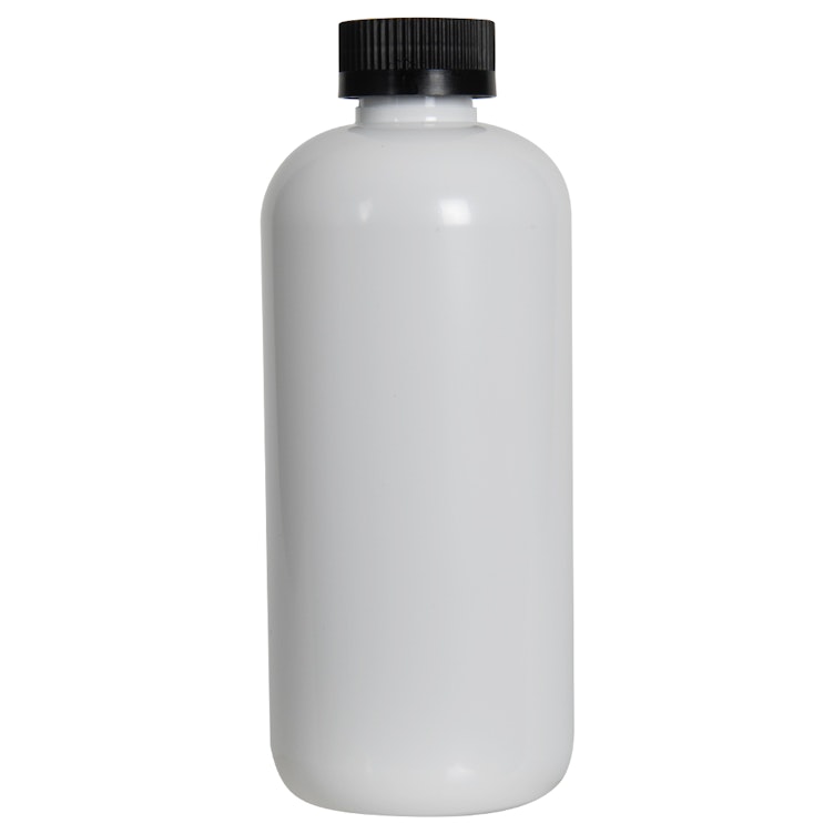 16 oz. White PET Traditional Boston Round Bottle with 28/400 Black Ribbed CRC Cap with F217 Liner