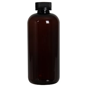16 oz. Light Amber PET Traditional Boston Round Bottle with 28/400 Black Ribbed CRC Cap with F217 Liner