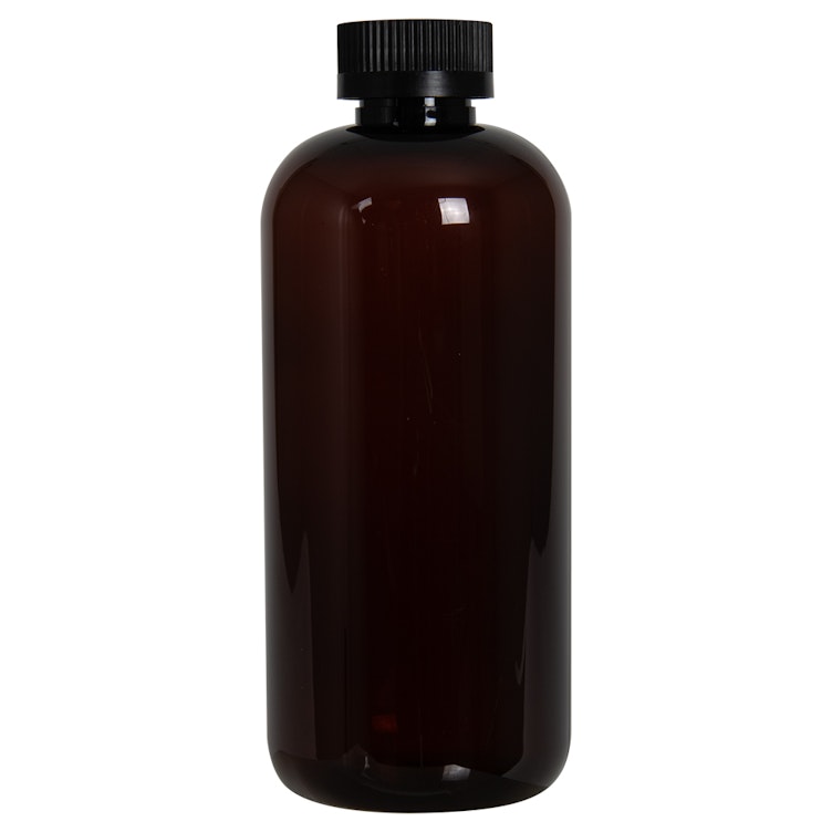 16 oz. Light Amber PET Traditional Boston Round Bottle with 28/400 Black Ribbed CRC Cap with F217 Liner
