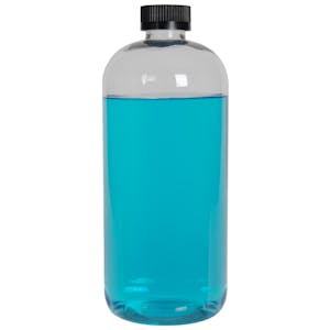 32 oz. Clear PET Traditional Boston Round Bottle with 28/400 Black Ribbed CRC Cap with F217 Liner