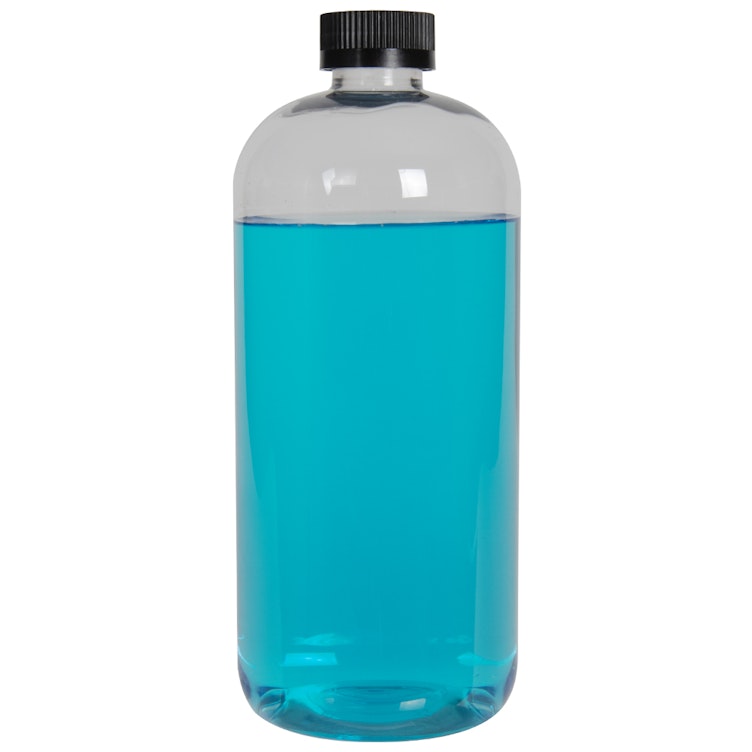 32 oz. Clear PET Traditional Boston Round Bottle with 28/400 Black Ribbed CRC Cap with F217 Liner