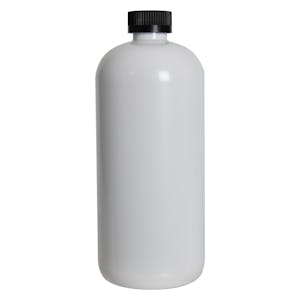 32 oz. White PET Traditional Boston Round Bottle with 28/400 Black Ribbed CRC Cap with F217 Liner