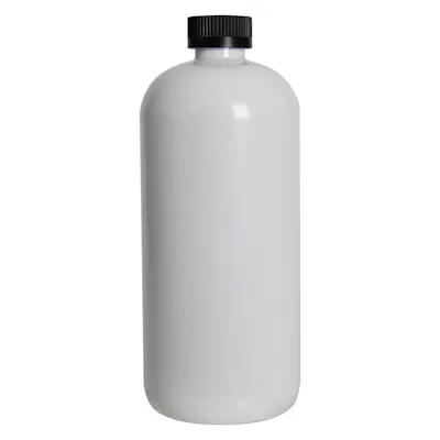 32 oz. White PET Traditional Boston Round Bottle with 28/400 Black Ribbed CRC Cap with F217 Liner