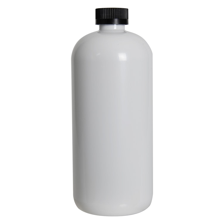 32 oz. White PET Traditional Boston Round Bottle with 28/400 Black Ribbed CRC Cap with F217 Liner