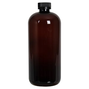 32 oz. Light Amber PET Traditional Boston Round Bottle with 28/400 Black Ribbed CRC Cap with F217 Liner