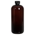 32 oz. Light Amber PET Traditional Boston Round Bottle with 28/400 Black Ribbed CRC Cap with F217 Liner