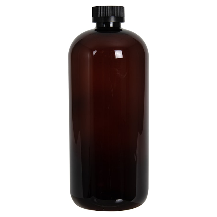 32 oz. Light Amber PET Traditional Boston Round Bottle with 28/400 Black Ribbed CRC Cap with F217 Liner