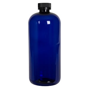32 oz. Cobalt Blue PET Traditional Boston Round Bottle with 28/400 Black Ribbed CRC Cap with F217 Liner