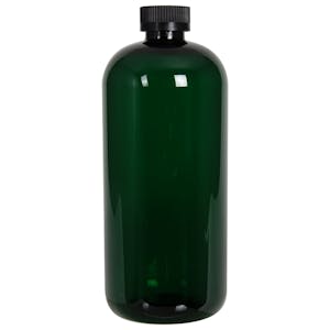 32 oz. Dark Green PET Traditional Boston Round Bottle with 28/400 Black Ribbed CRC Cap with F217 Liner