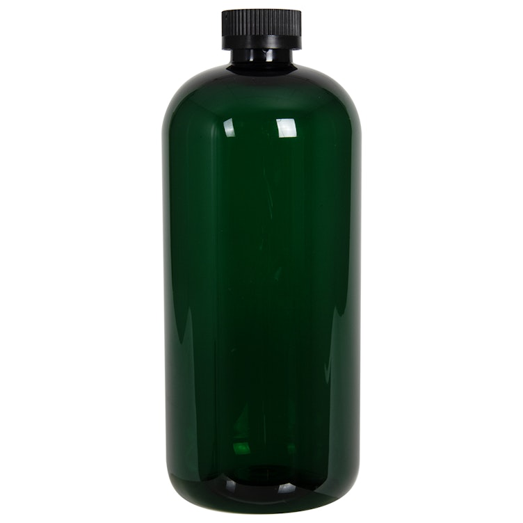 32 oz. Dark Green PET Traditional Boston Round Bottle with 28/400 Black Ribbed CRC Cap with F217 Liner