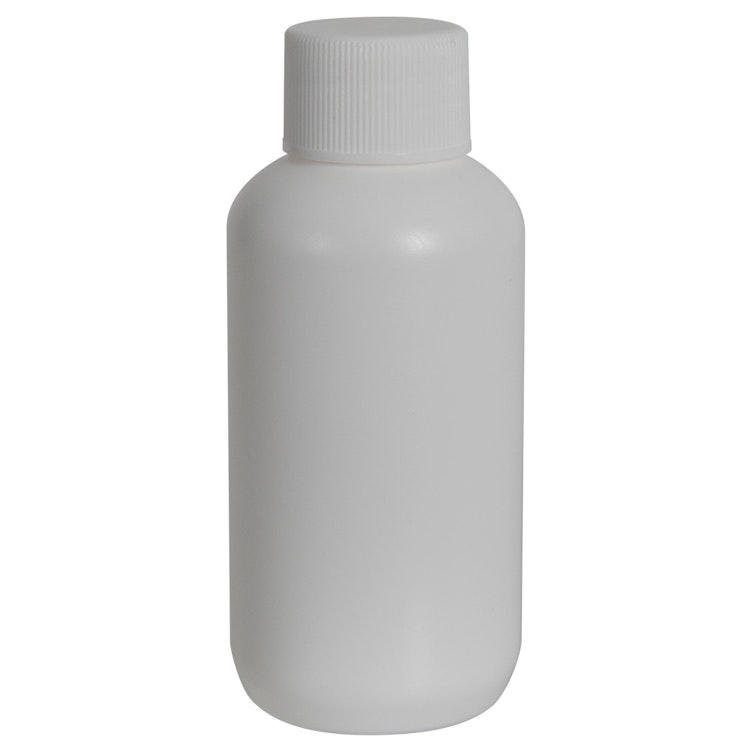 2 oz. White HDPE Boston Round Bottle with 20/410 White Ribbed Cap with F217 Liner