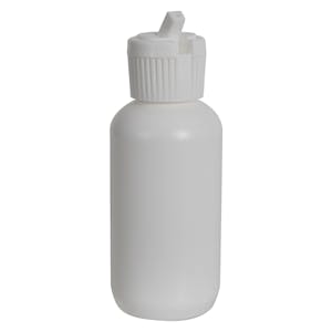 2 oz. White HDPE Boston Round Bottle with 20/410 White Ribbed Flip-Top Dispensing Cap