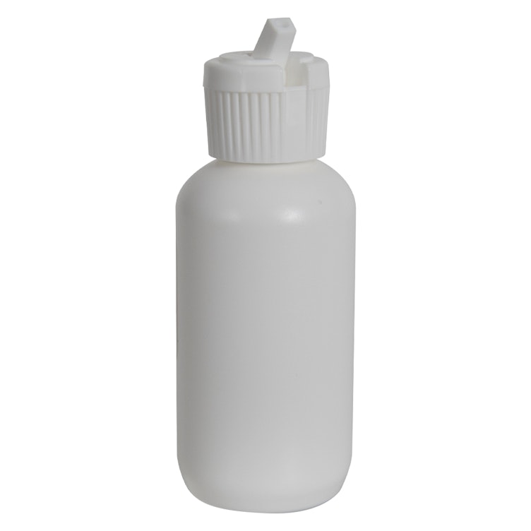 2 oz. White HDPE Boston Round Bottle with 20/410 White Ribbed Flip-Top Dispensing Cap