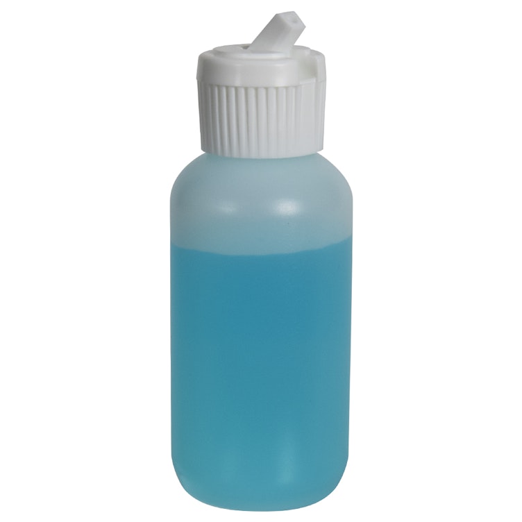 2 oz. Natural HDPE Boston Round Bottle with 20/410 White Ribbed Flip-Top Dispensing Cap
