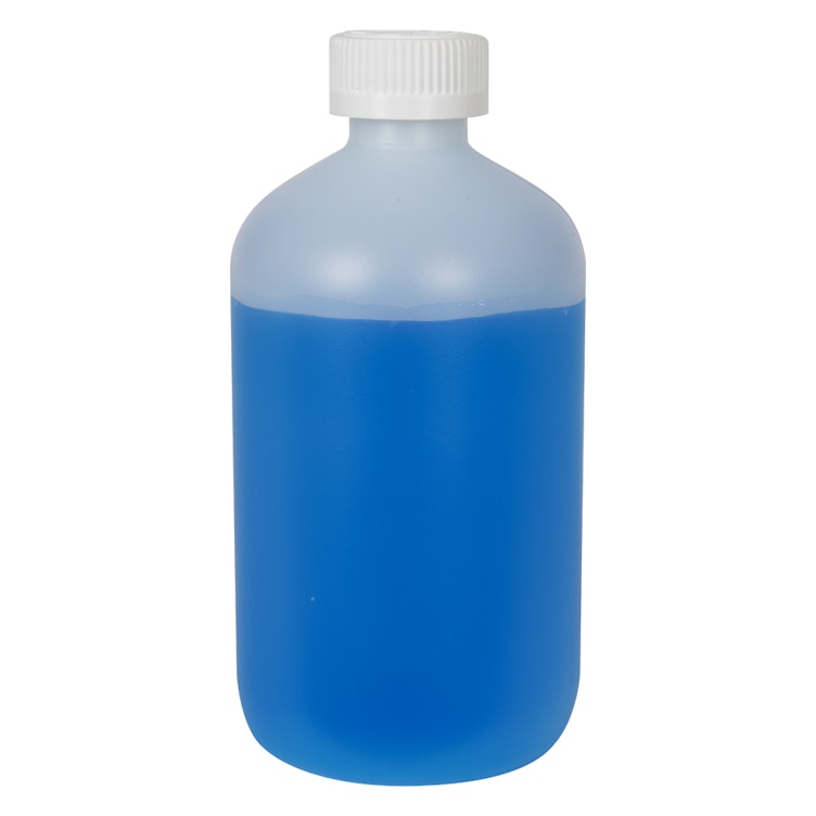 16 oz. Natural HDPE Boston Round Bottle with 28/400 White Ribbed CRC Cap with F217 Liner