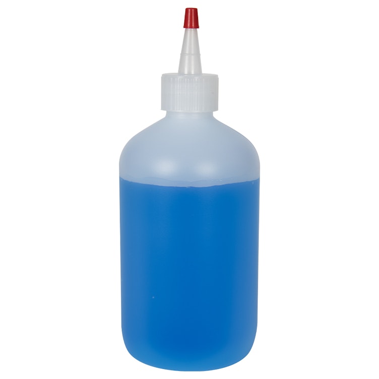 16 oz. Natural HDPE Boston Round Bottle with 28/410 Natural Yorker Dispensing Cap with Regular Red Tip