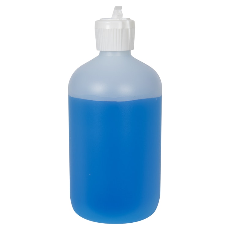 16 oz. Natural HDPE Boston Round Bottle with 28/410 White Ribbed Flip-Top Dispensing Cap