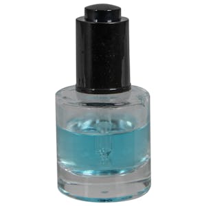 30mL (1 oz.) Clear Stubby Cylinder Glass Bottle with 20/410 Smooth Black Push-Button Dropper Cap with Ball Tip Glass Pipette