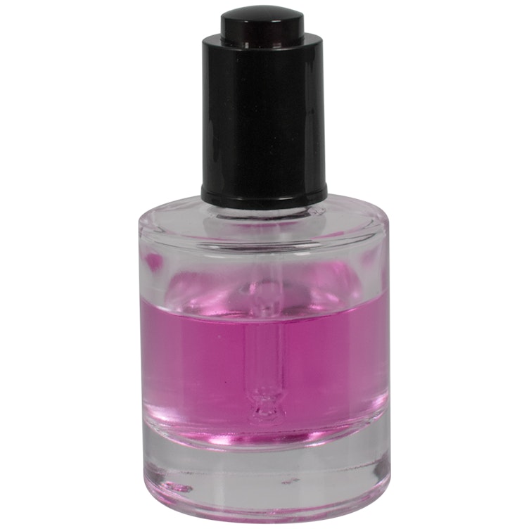 50mL (1.69 oz.) Clear Stubby Cylinder Glass Bottle with 20/415 Smooth Black Push-Button Dropper Cap with Ball Tip Glass Pipette