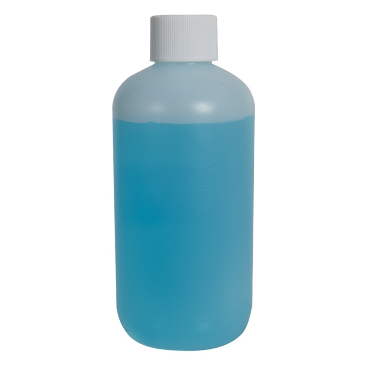8 oz. Natural HDPE Boston Round Bottle with 24/410 White Ribbed Cap with F217 Liner