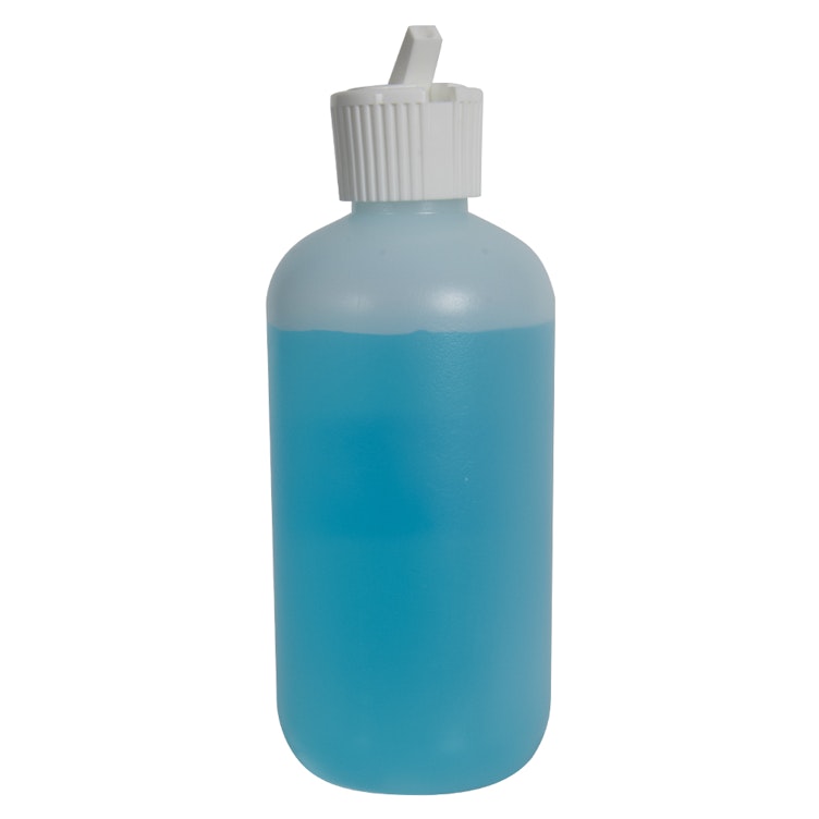8 oz. Natural HDPE Boston Round Bottle with 24/410 White Ribbed Flip-Top Dispensing Cap