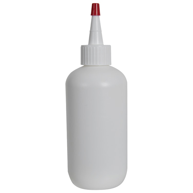 8 oz. White HDPE Boston Round Bottle with 24/410 White Yorker Dispensing Cap