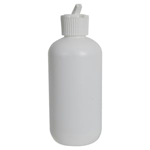 8 oz. White HDPE Boston Round Bottle with 24/410 White Ribbed Flip-Top Dispensing Cap