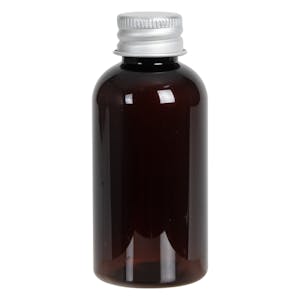 2 oz. Light Amber PET Traditional Boston Round Bottle with 20/410 Brushed Silver Aluminum Cap with Foam Liner