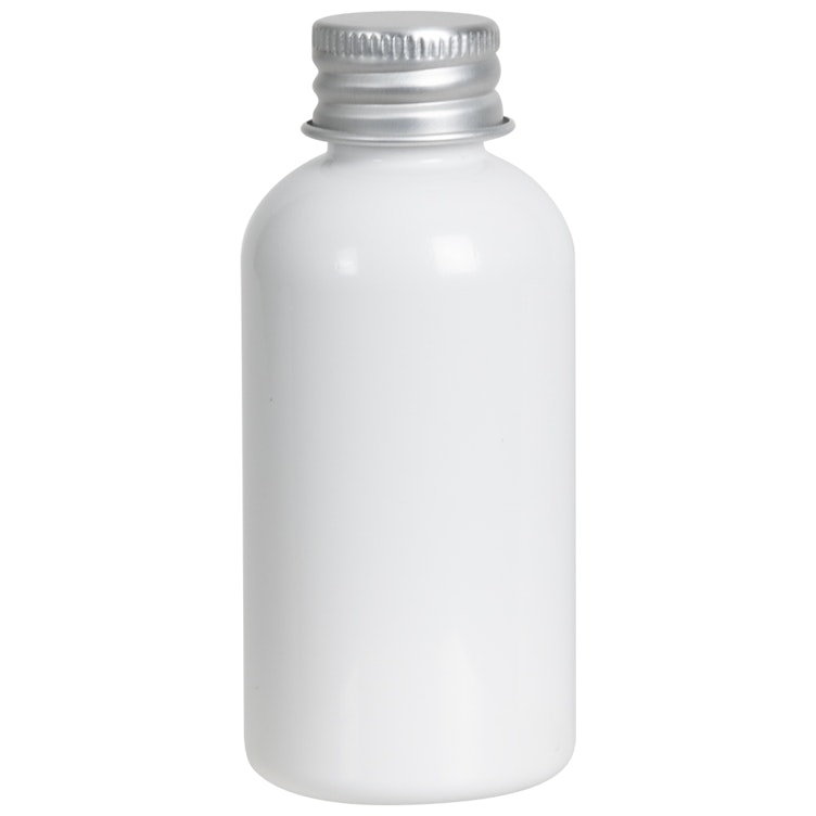 2 oz. White PET Traditional Boston Round Bottle with 20/410 Brushed Silver Aluminum Cap with Foam Liner