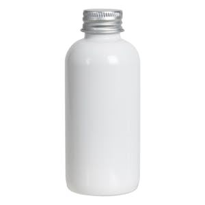 4 oz. White PET Traditional Boston Round Bottle with 24/410 Brushed Silver Aluminum Cap with Foam Liner
