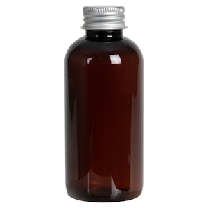 4 oz. Light Amber PET Traditional Boston Round Bottle with 24/410 Brushed Silver Aluminum Cap with Foam Liner