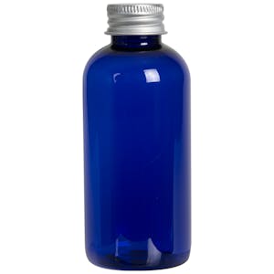 4 oz. Cobalt Blue PET Traditional Boston Round Bottle with 24/410 Brushed Silver Aluminum Cap with Foam Liner