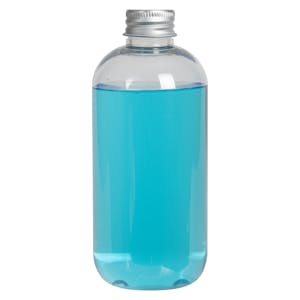 8 oz. Clear PET Traditional Boston Round Bottle with 24/410 Brushed Silver Aluminum Cap with Foam Liner