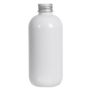 8 oz. White PET Traditional Boston Round Bottle with 24/410 Brushed Silver Aluminum Cap with Foam Liner