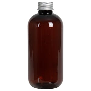 8 oz. Light Amber PET Traditional Boston Round Bottle with 24/410 Brushed Silver Aluminum Cap with Foam Liner